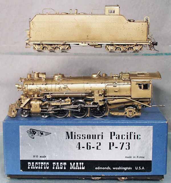 PACIFIC FAST MAIL MP P-73 LOCO & TENDER: HO ga, 2-rail, unpainted brass, some light tarnish spots, orig box & insert, C7-8.