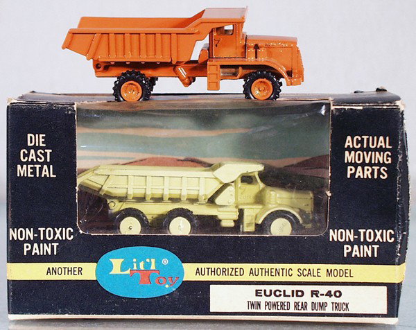 2 MERCURY TRUCKS: die cast, 508 Auto Car Dump Truck, Litl-Toy 7-69 Euclid Twin-Powered Rear Dump Truck, orig box minor wear, C8-9.