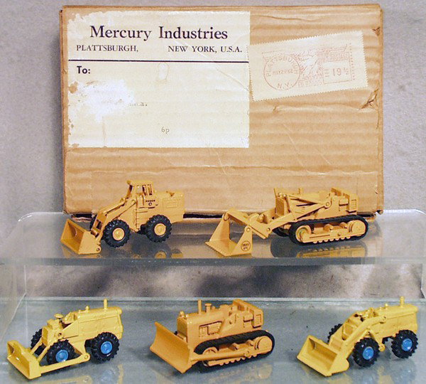MERCURY LIT'L TOY PROMO PACKAGE: die cast, 5-piece set, Mercury 501 Michigan Wheel Loader, 502 Michigan Wheel Dozer, Lit'l 101 Intl Skid Shovel, 101 Intl Bulldozer, unmarked Hough Payloader, orig box & inserts dated May 1962, C8-9.