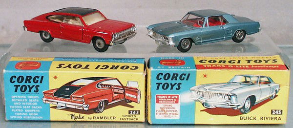2 CORGI VEHICLES: 263 Rambler Marlin, 245 Buick Riviera, orig boxes minor wear, C5-6.