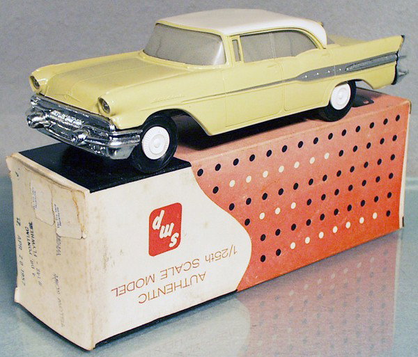 SMP 1957 PONTIAC STAR CHIEF PROMO: plastic, yellow & white, friction working, body warping, windows glazed, orig box minor wear, C7-8.