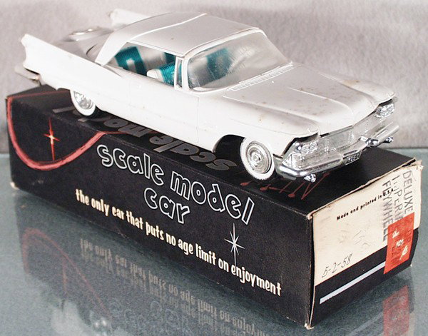 SMP 1958 CHRYSLER IMPERIAL PROMO: plastic, white, w/interior, friction working, minor body warp, stains on hood, orig box w/cellophane window, C8-9.