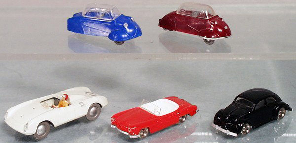 SIKU & LEGO VEHICLES: plastic, Siku 2 Messerschmitts & Porsche Spyder, Lego Mercedes 190SL & Volkswagen 1200, C5-8.