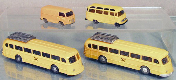 4 WIKING POST VEHICLES: plastic, ca 1960's, 28 Ford FK100, small dent in roof, 26 Mercedes Bus, 2 #71 Mercedes Buses, 1 has small break in roof rack, C6-8.
