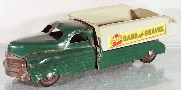 BUDDY L SAND & GRAVEL TRUCK: painted pressed steel, black rubber tires, grille tarnished, very minor decal wear, 13 1/4" long, C5-6.