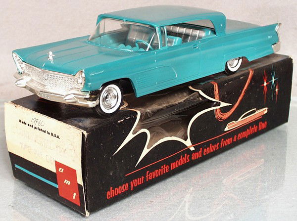 AMT 1960 LINCOLN CONTINENTAL PROMO: plastic, turquoise, w/interior, friction working, hood ornament intact, slight rear end warping & plastic wear, orig box & cellophane window minor wear, C9.