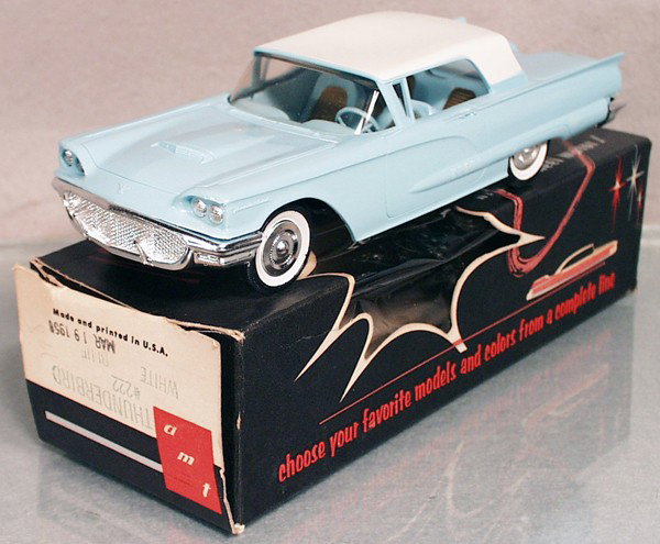 AMT 1958 FORD T-BIRD PROMO: plastic, blue & white, w/interior, friction working, orig box & cellophane window minor wear, C9.