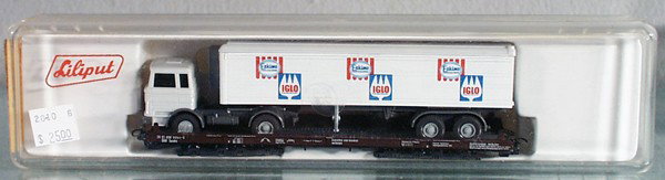 WIKING & LILIPUT FLAT CAR W/TRUCK: HO ga, Wiking 528A Eskimo Iglo Truck on Liliput flat car, orig box, C10.