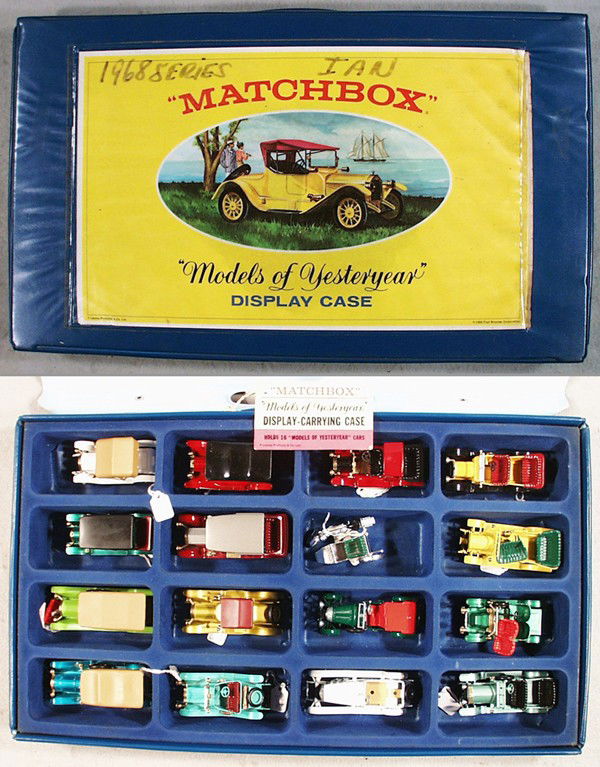 MATCHBOX MOY DISPLAY CASE & AUTOS: Y15A3, Y10B2, Y14B2, Y12B2, Y2B3, Y5B6, Y6C1, Y9B1, Y16A4, Y8B3, Y7C1, Y3B21, Y13B2, Y11B4, Y1B1, Y4B3, 4 cars are incom, case top has marker graffiti, C5-7.