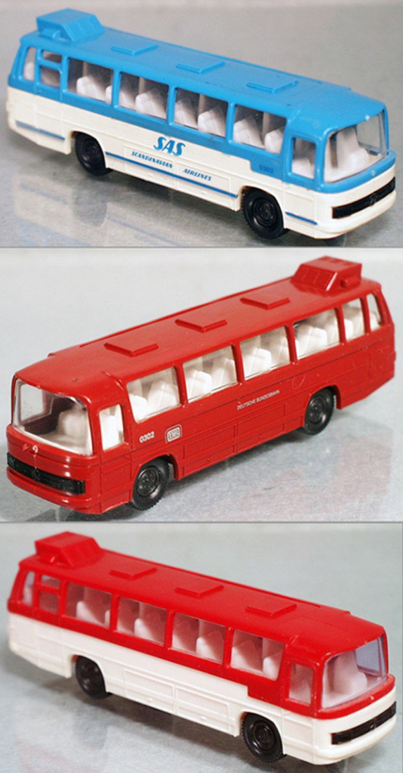 3 JOY-TOY MERCEDES BUSES: HO ga, made in Greece, ca 1970's, Adelphoi Bitali logo, DB & SAS, red & white, C7-8.