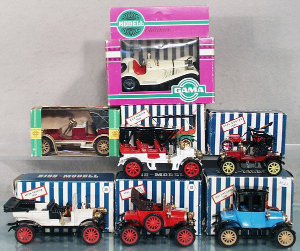 ZISS & GAMA VEHICLES: die cast, Gama 987 Mercedes SSK, 978 Mercedes Simplex, Ziss 1904 Nag Phaeton, 1909 Opel Doctor, 1906 Adler Phaeton, 1911 Opel Torpedo, 1908 Opel City Coupe, orig boxes minor wear, C7-9.