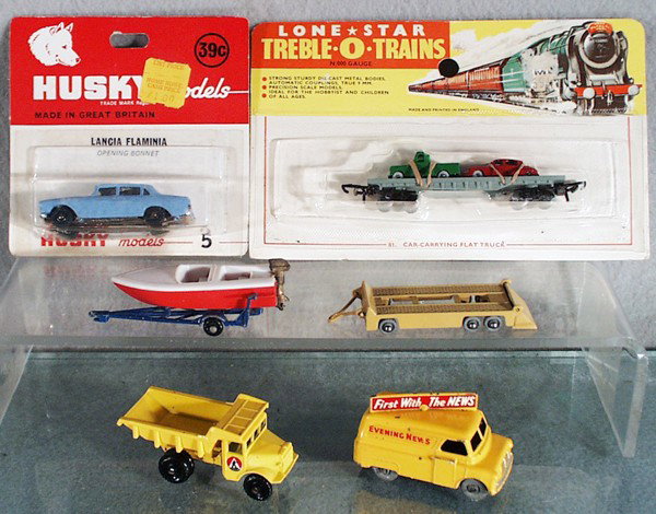 BRITISH DIE CAST VEHICLES: Husky 5 Lancia, Lone Star 81 Flat w/Cars, both sealed on orig cards, Matchbox 48B3, 16A1, 6C2, 42A1, C5-10.