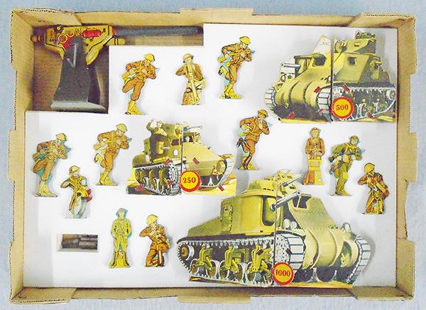 MARX ANTI-TANK SET: litho tin & cardboard, 3 exploding tanks, 12 soldiers, anti-tank gun w/7 wooden shells, gun not working, orig box & insert minor wear, C8.