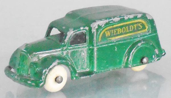 TOOTSIETOY 123 WIEBOLDTS STORE VAN: green w/gold decal, play wear, C5-6.