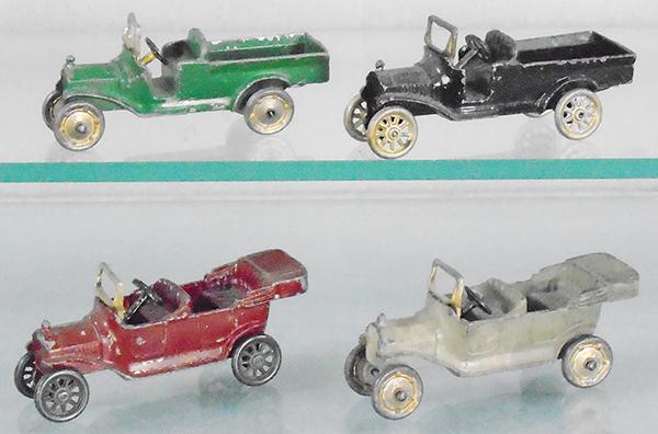 4 TOOTSIETOY FLIVVERS: 2 #4610 Pick Ups, green & black, 2 #4570 Touring, maroon & gray, C5-6.