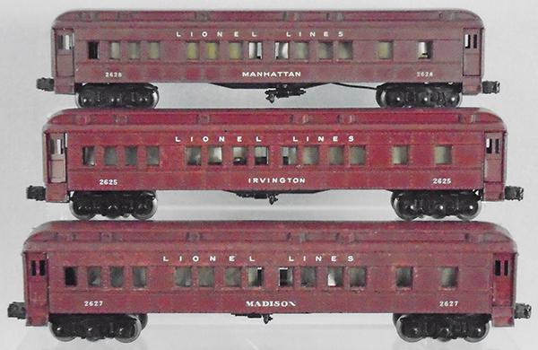 LIONEL MADISON CARS: O ga, 2628 Manhattan, 2625 Irvington, 2627 Madison, coils are not wrapped, windows are curling, orig boxes & inserts some wear, missing 1 end flap, orig boxes have old tape residue, 1 has new tape, C7