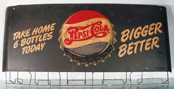 PEPSI COLA DISPLAY TOPPER: litho tin, double dot, some surface oxidation, 36" by 17", C4-5.
