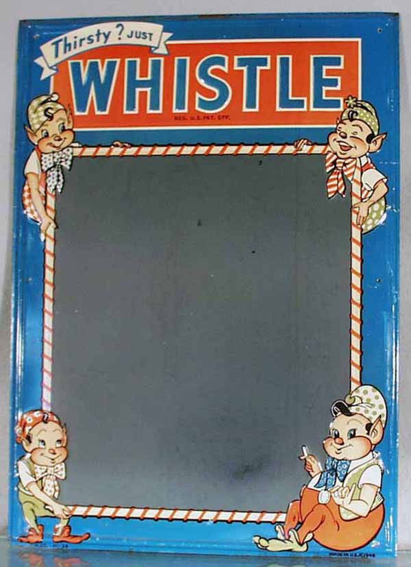 WHISTLE SODA ADVERTISING SIGN W/CHALKBOARD: 1948, embossed litho tin w/chalkboard, minor wear to corners, 27" by 19 1/2", C6.