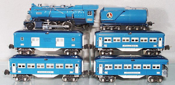 LIONEL BLUE COMET TRAIN SET: O ga, 263E loco, 263W tender, 2615 baggage, 2 #2613 Pullmans, 2614 obsv, set is professionally restored, orig boxes, car boxes worn & incom, C8-9.