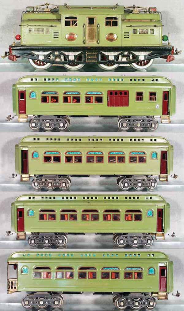 LIONEL TRAIN SET: std ga, 408E loco, rewheeled, missing 1 side handrail, 419 combine, restored, 427 diner, partially restored, 428 Pullman, restored, 490 obsv, restored, missing 6 roof screws, C5-7.
