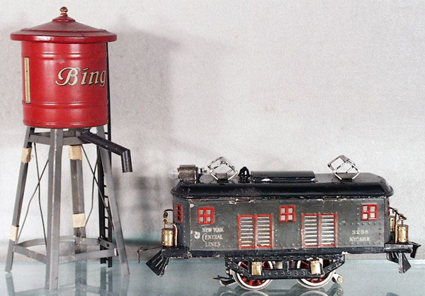 BING TRAIN LOT: O ga, water tower, 3238 NYC loco, missing 1 brass corner sand barrel, C5-6.