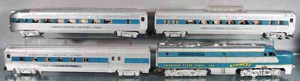 AMERICAN FLYER COMET TRAIN SET: S ga, 466 loco, missing front coupler & horns, minor decal chipping, 960 combine, 962 vista dome, 963 Washington obsv, C5.
