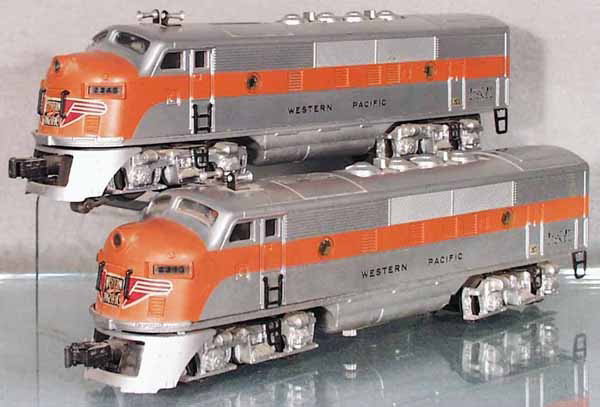 LIONEL 2345 WESTERN PACIFIC F3 AA DIESELS: O ga, nose decals chipped, box rub on fan tops, C6-7.