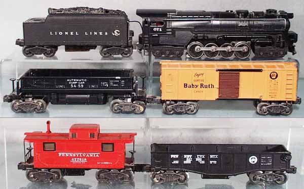LIONEL ELECTRONIC TRAIN SET: O ga, 671R turbine, w/smoke bulb, no E-unit, 4424W tender, 4452 gondola, 4454 box car, 5469 ore dump car, 4457 caboose, all decals chipped or missing, C5-7.