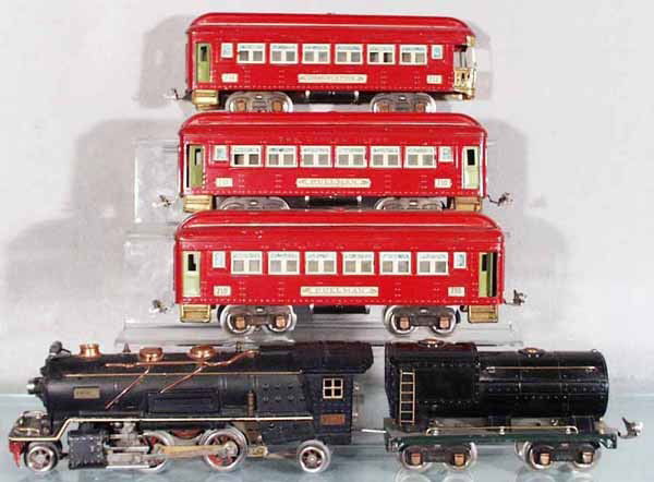 LIONEL 241E TRAIN SET: O ga, 260E loco, missing reverse, repainted, 260T tender, 2 #710 Pullmans, 712 obsv, orig boxes worn & incom, orig set box worn & taped, C4-6.