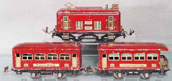 LIONEL TRAIN SET: O ga, 248 loco, 629 Pullman, 630 obsv, paint worn, C4-5.