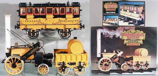 HORNBY STEPHENSON'S ROCKET: 3 1/2 ga, G100 loco & tender, gas fired w/G104 coach, 2 steps broken, w/track & tools, orig boxes minor wear, C7-8.