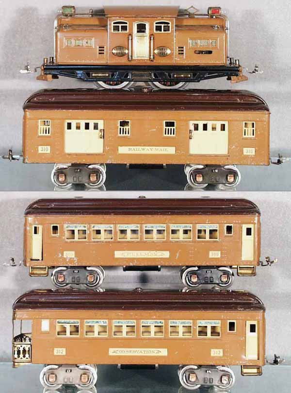 LIONEL TRAIN SET: std ga, state brown, 318 loco, rewheeled, 310 baggage, 309 Pullman, 312 obsv, C5-6.