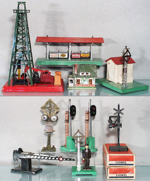 10 LIONEL ACCESSORIES: O ga, 455 oil derrick, missing sign, 156 station, w/4 broken fence tips, 184 bungalow, 045 gateman, 77 crossing gate, 69 ringing signal, 2 #153 block signals, 1045 flagman, 140 banjo signal, 2 orig bo