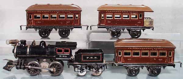 BING TRAIN SET: O ga, painted die cast loco, litho tin tender, 2 #617 Pullmans, 529 obsv, C5-6.