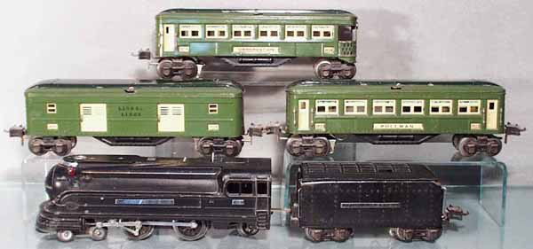 LIONEL TRAIN SET: O ga, 238 PRR torpedo loco & tender, 2265W tender, 2615 baggage, 2613 Pullman, 2614 obsv, cars have some oxidation spots, C5.