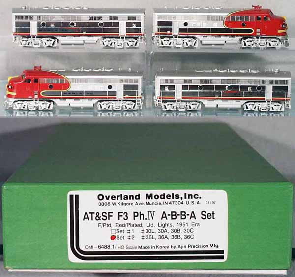 OVERLAND MODELS AT&SF F3 ABBA: HO ga, 2-rail, factory painted brass, all 4 pieces powered, orig box & inserts, C9-10.