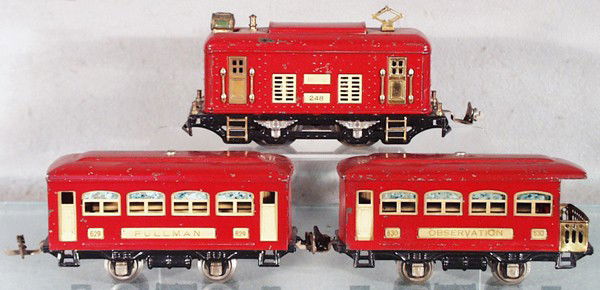 LIONEL TRAIN SET: O ga, 248 loco, Lionel rubberstamping worn off, missing 1 coupler, 629 Pullman, 630 obsv, C5.