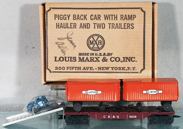 MARX 5545 PIGGY BACK CAR SET: O ga, flat w/2 litho tin Allstate trailers & tractor, orig box minor wear, C8.