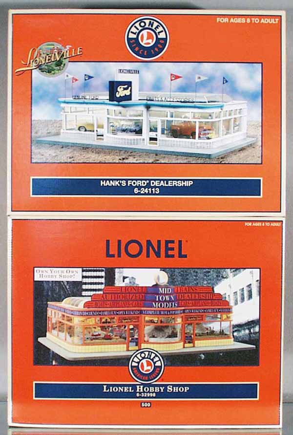 2 LIONEL ACCESSORIES: O ga, 24113 Ford Dealership, 32998 Hobby Shop, orig boxes & inserts, C9.