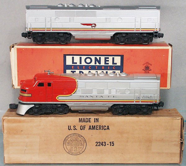 LIONEL 2343 F3 AB SET: O ga, 2243 power A unit, single motor, w/2283 numberboards, 2243C B unit, orig boxes minor wear, C6-7.