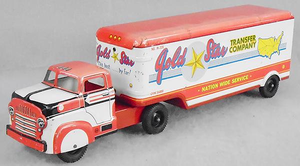 MARX GOLD STAR MOVING TRUCK: litho tin, 21 in long, truck is sunfaded on 1 side, plastic wheels, rear doors intact, w/plastic bag full of doll furniture, C7.