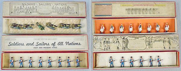4 METAL MINIATURES SOLDIER SETS: BG 0022 1918 Irish Guard Machine Gunners, 2 #UA0092 1809 First Regiment of US Infantry, 1 set has only 6 figures, 5 have broken rifle tips, HA0012 1941 Greece 1st Regiment Royal Guard, orig boxes & in