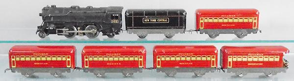 MARX NYC TRAIN SET: litho tin, 999 die cast electric loco, open tooth cowcatcher, 551 NYC tender, 558A coaches, embossed windows, 3 Montclair, Bogota & obsv, all cars have silver frames, C5-7.