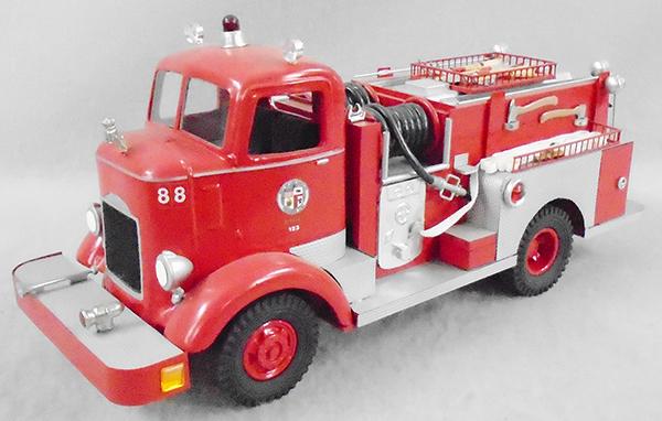 1948 WARD LA FRANCE LA FIRE PUMPER: handmade custom wood Brush Fire Truck, highly detailed w/tools & cloth hoses, rubber tires, 17 in long, C9.