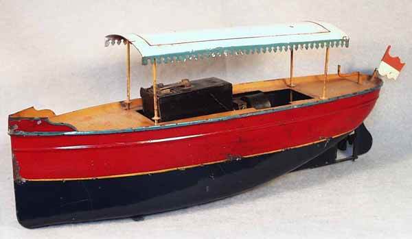 BING RIVERBOAT: handpainted tin, battery-powered motor, 13² long, flag replaced, red stripe on canopy repainted, C6. Please read Conditions of Sale for abbreviations key and shipping and payment information.