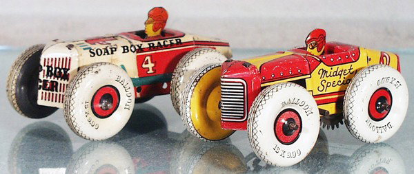 2 MARX RACE CARS: litho tin, both 5" long, Soap Box Racer, missing motor, Midget Special, clockwork working, C6-8.