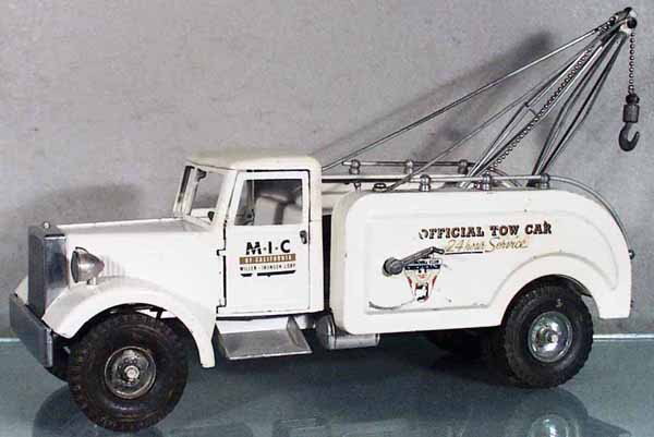 SMITH MILLER OFFICIAL TOW CAR: die cast, 16 1/2" long, cab roof & back repainted, decals chipped, C5.