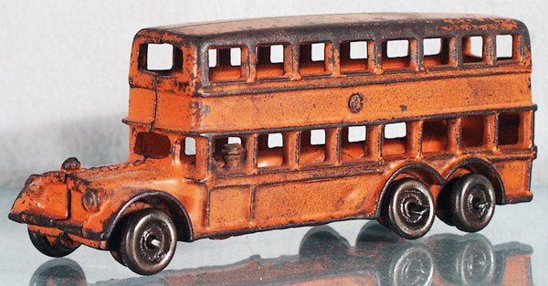 DOUBLEDECKER BUS: painted cast iron, iron wheels, some paint wear, 7 3/4" long, C4.