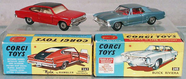 2 CORGI VEHICLES: 263 Rambler Marlin, 245 Buick Riviera, orig boxes minor wear, C5-6.