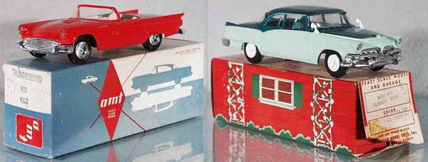 2 AMT PROMOS: 1957 Ford T-Bird, red, friction working, minor body warp, 1955 Dodge Royal Lancer, 2-tone green, minor body warp, friction working, w/windows, no interior, in orig garage box, minor wear w/1 flap torn